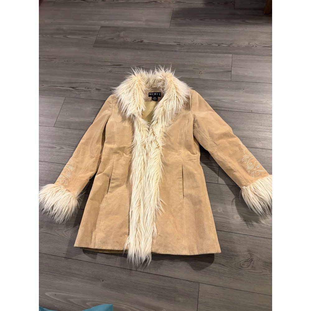 Vintage Y2K Mixit Penny Lane Suede Leather Faux Fur Coat Embroidered S 0117B3